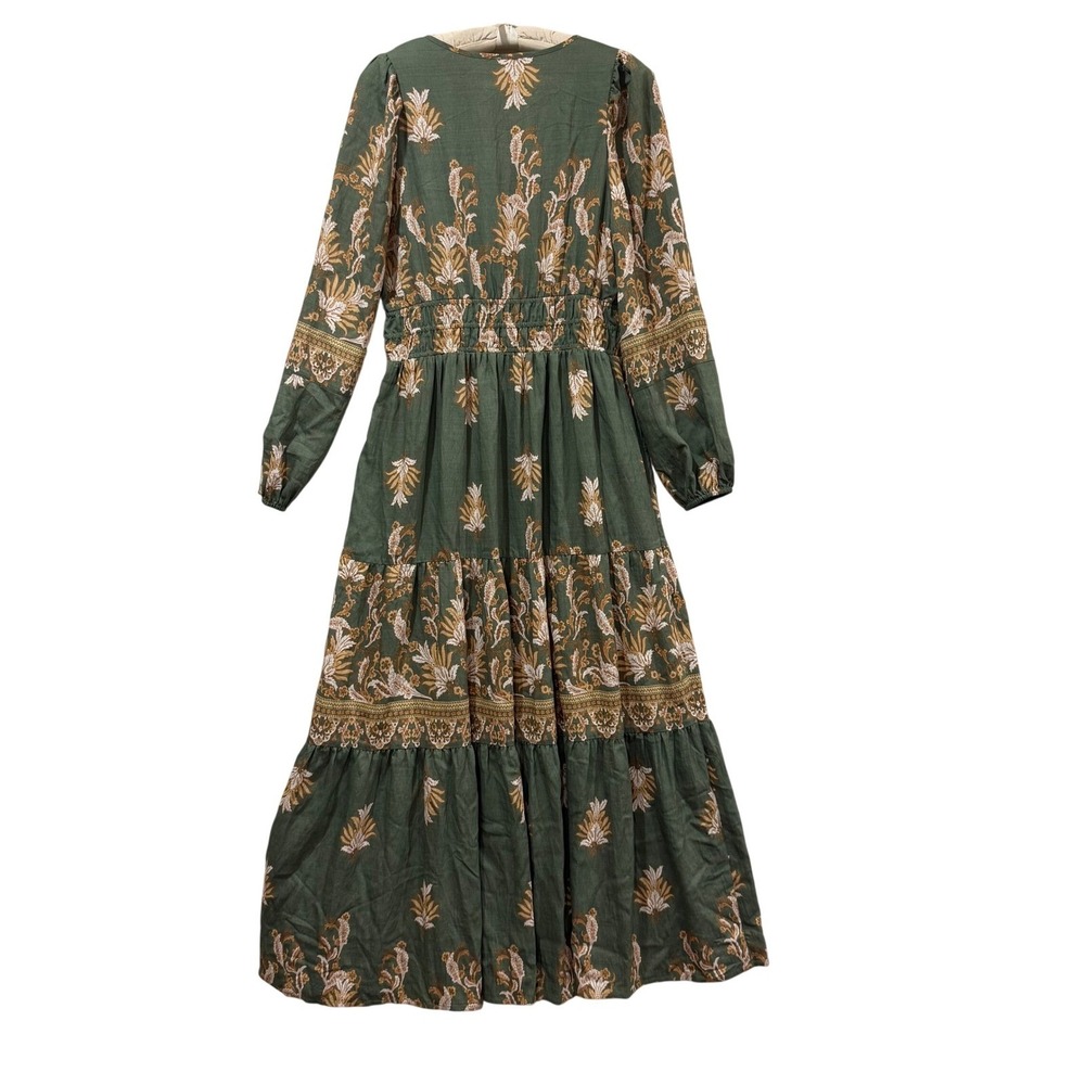 Doe and Rae Green Floral Tiered Maxi Dress Smocked Waist Pockets Small Boho - Picture 2 of 8